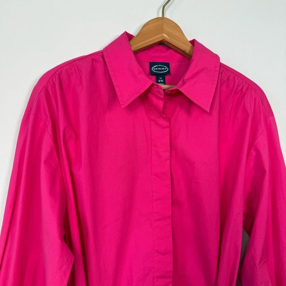Scoop Women's Hot Pink Balloon Sleeve Shirtdress with Pockets, Size L - Picture 3 of 11